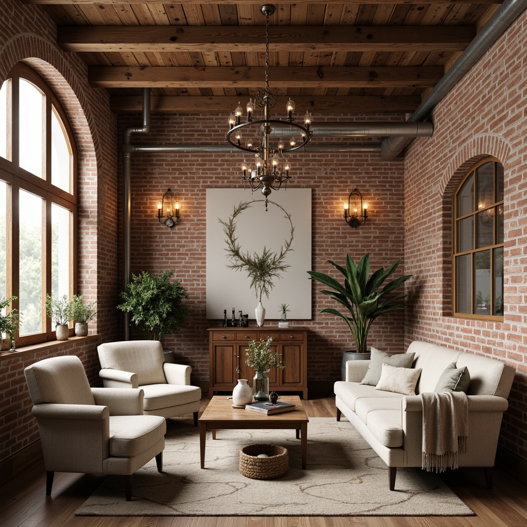 Prompt: Weathered brick walls, distressed wood beams, industrial metal accents, earthy tone color palette, warm beige, soft sage, muted terracotta, rich walnut, creamy white, natural linen, vintage decor, antique furniture, ornate chandeliers, lavish textiles, velvety smooth, rustic charm, cozy ambiance, softbox lighting, 1/1 composition, shallow depth of field, realistic textures, ambient occlusion.