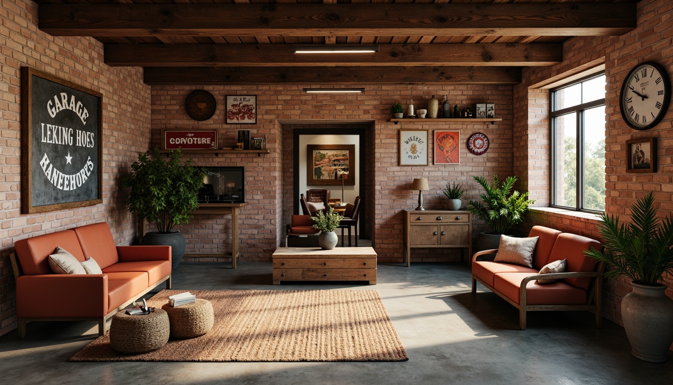 Prompt: Rustic family garage, wooden accents, vintage metal signs, exposed brick walls, earthy color palette, warm ambient lighting, softbox lights, pendant lamps, industrial-style fixtures, natural stone flooring, reclaimed wood beams, cozy nooks, comfortable seating areas, warm earth tones, soft shadows, shallow depth of field, 1/2 composition, realistic textures, subtle specularity.