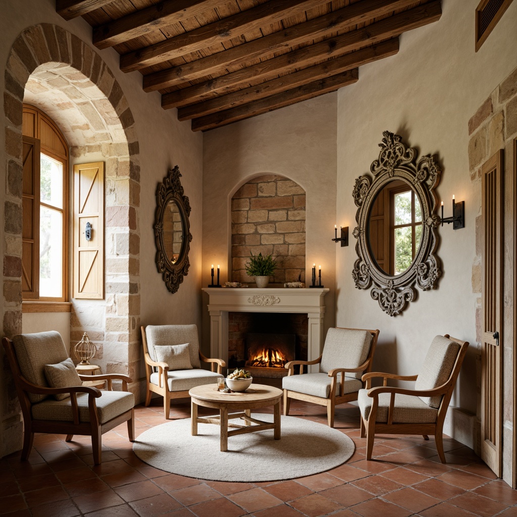 Prompt: Rustic stone walls, distressed wood accents, soft warm beige tones, vintage distressed finishes, ornate mirrors, elegant moldings, luxurious velvet drapes, natural linen fabrics, earthy terracotta floors, rustic wooden beams, charming shutters, soft candlelight, 1/1 composition, shallow depth of field, warm golden lighting.