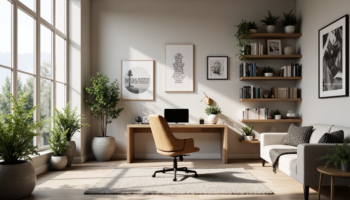 Prompt: Modern home office, ergonomic chair, wooden desk, minimalist decor, natural light, plants on shelves, motivational quotes, wall-mounted shelves, organized storage, comfortable seating, task lighting, acoustic panels, sound-absorbing materials, calming color scheme, productive atmosphere, 1/1 composition, softbox lighting, realistic textures, ambient occlusion.