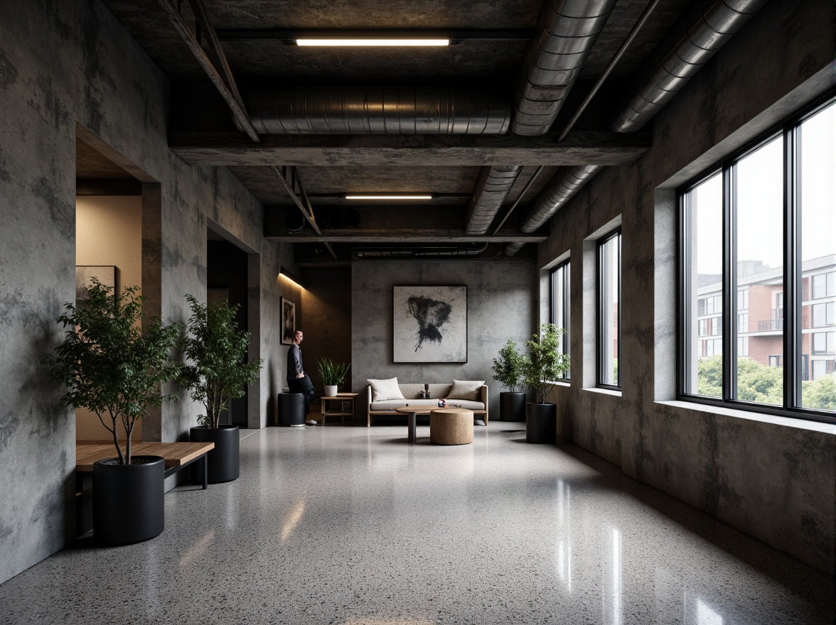 Prompt: Industrial brutalist interior, Terrazzo flooring, rugged concrete walls, exposed ductwork, metal beams, minimalist decor, functional lighting, urban loft atmosphere, reclaimed wood accents, matte black finishes, raw concrete textures, dramatic shadows, low-angle photography, cinematic composition, bold geometric patterns, cold monochromatic color scheme, edgy architectural elements.