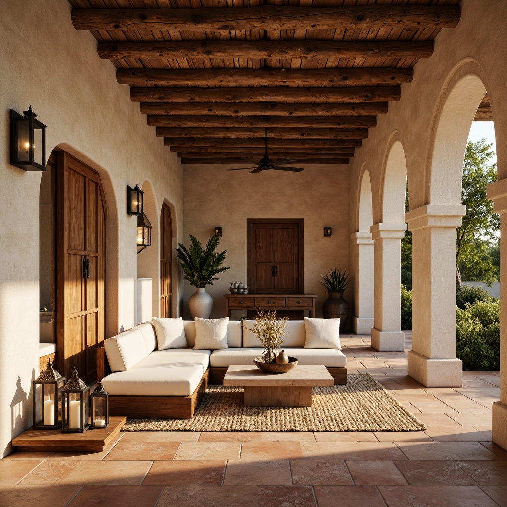 Prompt: Warm beige stucco walls, rustic stone accents, wooden ceiling beams, distressed wood flooring, earthy terracotta tiles, natural fiber rugs, woven rattan furniture, ornate metal lanterns, Mediterranean-inspired archways, soft warm lighting, atmospheric shadows, 1/1 composition, realistic textures, ambient occlusion.