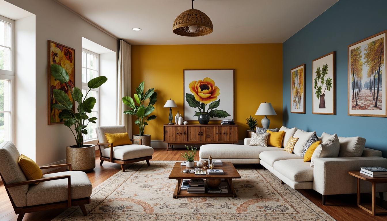 Prompt: Vibrant living room, bold accent walls, pastel furniture, rich wood tones, metallic decor, creamy whites, soft grays, calming blues, earthy browns, luxurious golds, dramatic lighting, cozy atmosphere, warm textiles, plush rugs, eclectic artwork, ornate frames, natural materials, organic shapes, bohemian chic, laid-back ambiance.