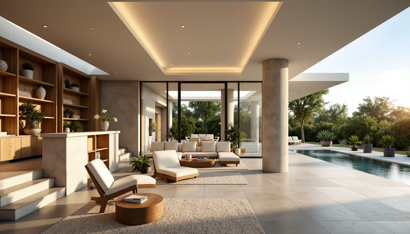 Prompt: Spacious villa interior, open floor plan, modern minimalist decor, high ceilings, large windows, sliding glass doors, polished concrete floors, sleek wooden accents, luxurious furnishings, ambient natural light, warm cozy atmosphere, elegant staircase, floating shelves, recessed lighting, soft cream color palette, textured area rugs, greenery views, outdoor poolside lounge, sun-kissed day, shallow depth of field, 2/3 composition, realistic renderings, subtle camera movements.