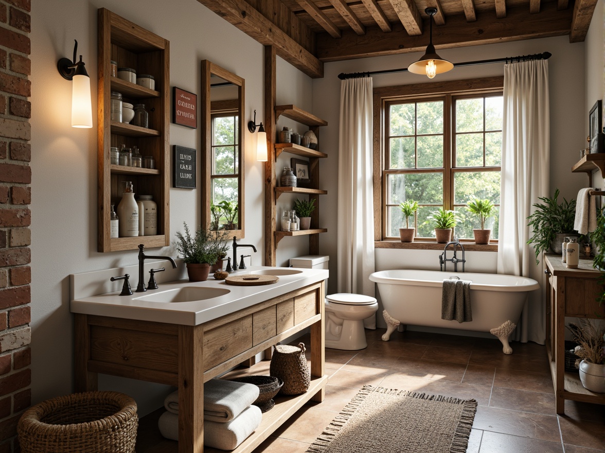 Prompt: Rustic farmhouse bathroom, distressed wood vanity, vintage metal faucets, porcelain sink, clawfoot tub, natural stone flooring, earthy color palette, soft warm lighting, decorative farmhouse signs, woven baskets, potted greenery, mason jars, antique apothecary cabinets, metal lanterns, brick accent walls, wooden beams, country-style shower curtains, botanical prints, 1/1 composition, shallow depth of field, realistic textures, ambient occlusion.