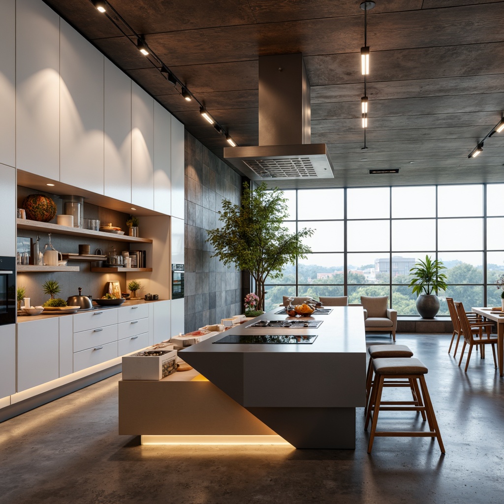 Prompt: Futuristic kitchen island, sleek metal countertops, glossy white cabinets, minimalist appliances, induction cooktop, smart refrigerators, ambient LED lighting, polished concrete floors, angular lines, modernist architecture, open shelving systems, geometric patterns, vibrant color schemes, soft warm glow, shallow depth of field, 1/1 composition, realistic textures, panoramic view.