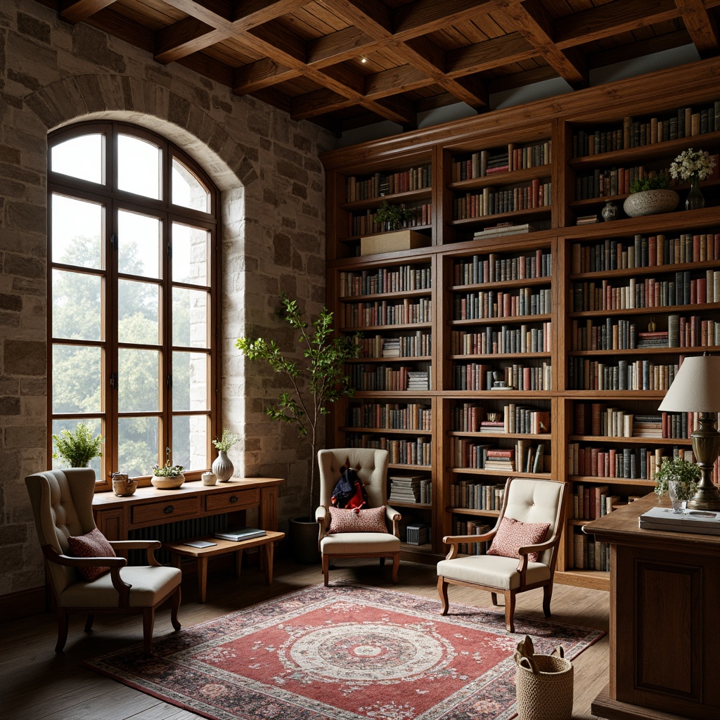 Prompt: Rustic library interior, wooden bookshelves, vintage leather-bound books, distressed wood textures, stone walls, arched windows, cozy reading nooks, comfortable armchairs, warm soft lighting, rich wood tones, earthy color palette, natural fabrics, woven baskets, antique furniture pieces, decorative metal accents, intricate carvings, nostalgic atmosphere, shallow depth of field, 1/2 composition, realistic textures, ambient occlusion.