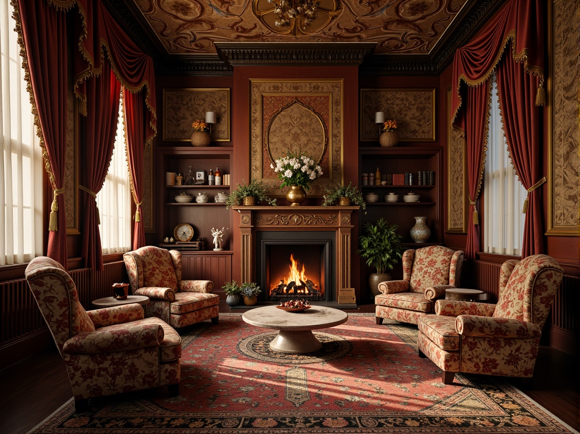 Prompt: Richly patterned velvety drapes, intricately embroidered upholstery, ornate wooden furniture, plush area rugs, soft golden lighting, warm crackling fireplace, vintage floral prints, distressed leather armchairs, opulent tassel trimmings, lavish silk fabrics, heavily draped curtains, classic Victorian architecture, ornamental molding details, antique furnishings, mystical old-world ambiance, low-angle warm lighting, shallow depth of field, 1/2 composition, realistic textures.