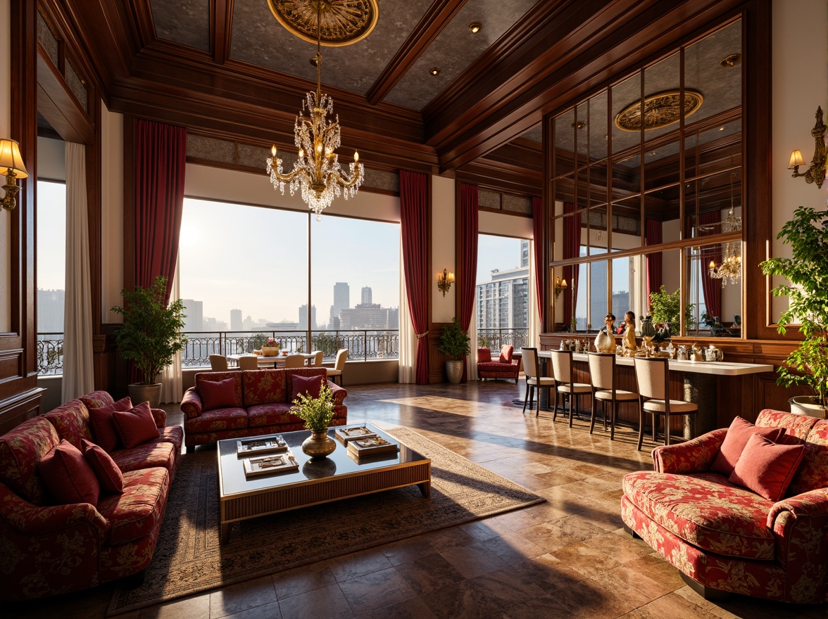 Prompt: Luxurious penthouse, rich velvet fabrics, intricate embroidery patterns, antique wooden furniture, ornate mirrors, crystal chandeliers, lavish drapery, marble flooring, classic European architecture, grand staircases, spacious open-plan living areas, panoramic city views, warm golden lighting, shallow depth of field, 1/1 composition, realistic textures, ambient occlusion.