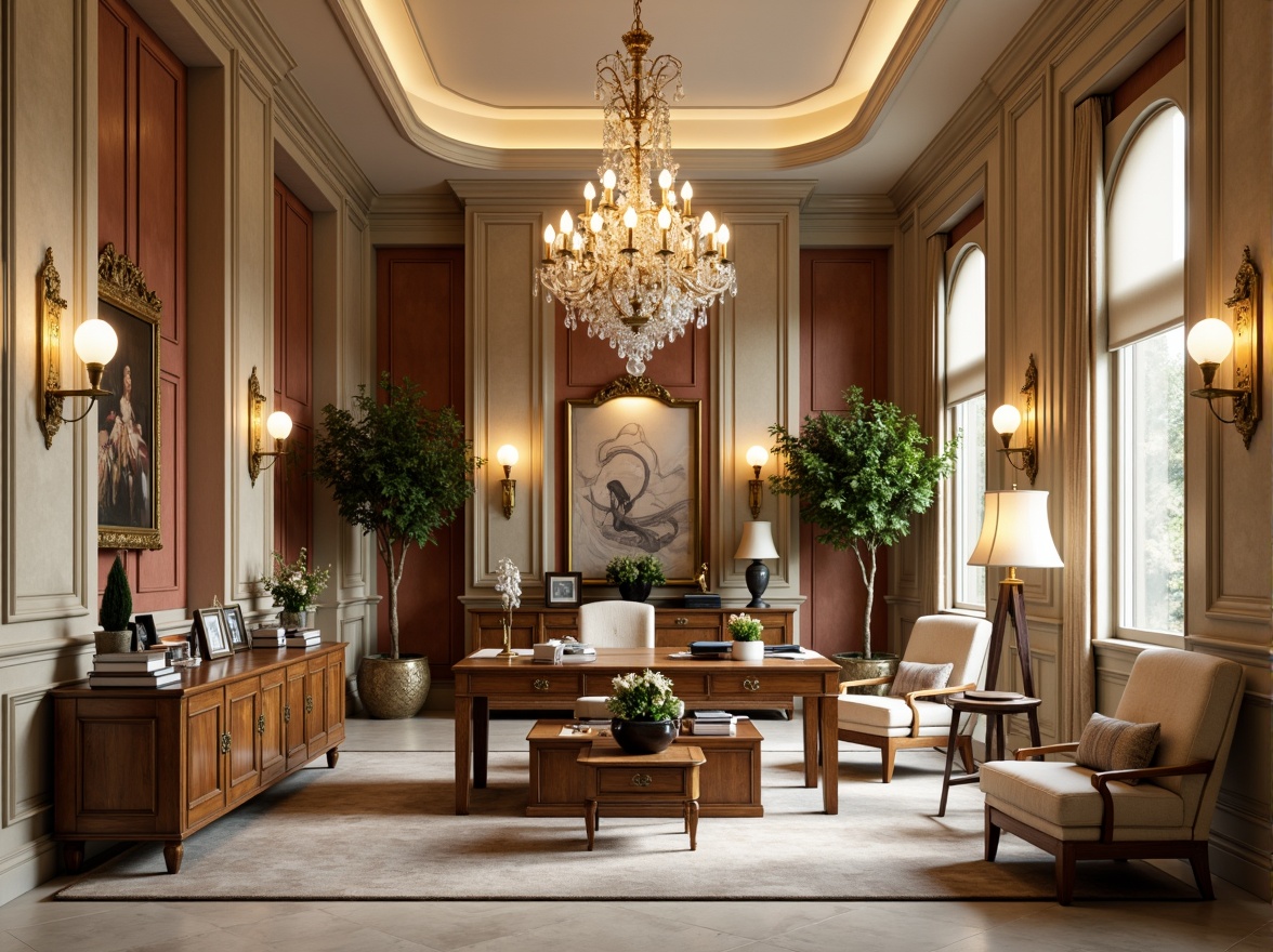 Prompt: Elegant office space, classicism style, ornate chandeliers, crystal drops, polished brass fixtures, sophisticated sconces, refined table lamps, luxurious floor lamps, rich wood tones, creamy marble accents, intricate molding details, high ceilings, large windows, natural light pouring in, warm beige walls, comfortable seating areas, subtle ambient lighting, soft warm glow, 1/2 composition, realistic textures, atmospheric rendering.