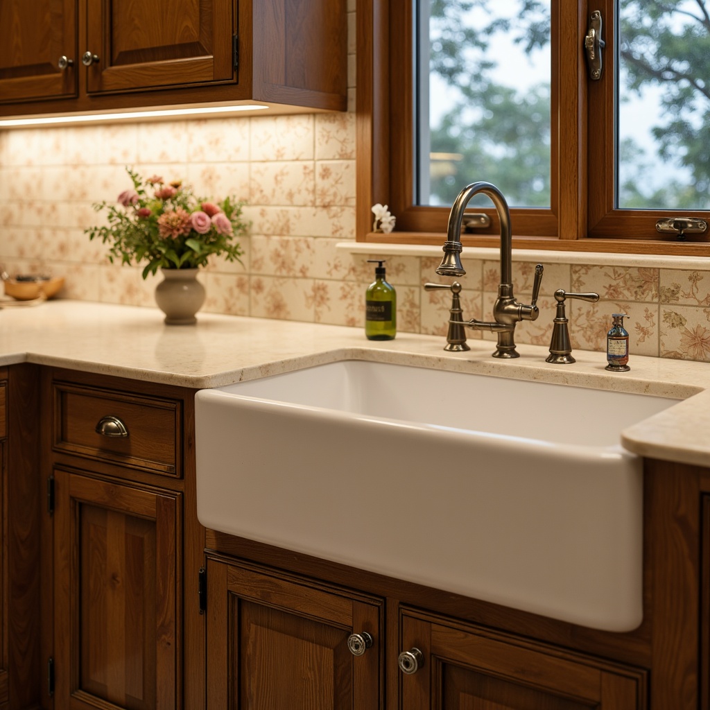 Prompt: Elegant sink basin, ornate faucet handles, ceramic tile backsplash, rustic wooden cabinetry, vintage-inspired metal hardware, soft warm lighting, creamy white countertops, decorative apron front, traditional laundry area setting, country-style decor, floral patterns, earthy color palette, natural stone floors, farmhouse sink, classic architectural details, shallow depth of field, 1/1 composition, realistic textures.