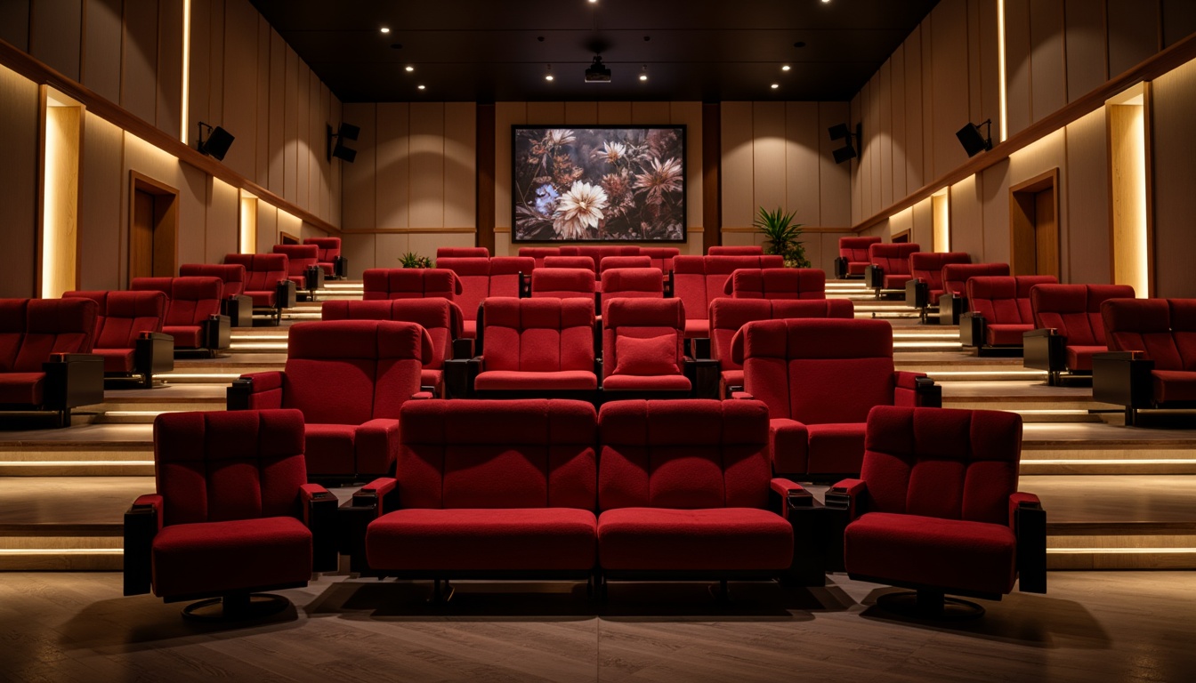 Prompt: Modern theater interior, luxurious velvet seats, ergonomic design, sleek metal frames, vibrant red accents, dimmable LED lighting, spacious legroom, reclining chairs, adjustable armrests, premium leather upholstery, curved row arrangement, tiered seating layout, dramatic spotlights, warm beige walls, polished wooden floors, contemporary minimalist decor, abstract artwork, intimate atmosphere, soft focus blur, shallow depth of field, 1/2 composition, realistic textures, ambient occlusion.