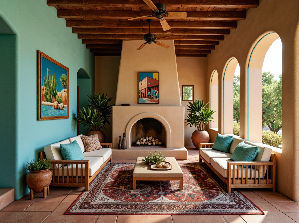 Prompt: Vibrant turquoise accents, warm beige stucco walls, rustic wooden beams, terracotta tile floors, colorful woven textiles, geometric patterned rugs, natural fiber upholstered furniture, earthy clay pottery, desert botanicals, cactus plants, Southwestern-inspired artwork, adobe-style architecture, wooden ceiling fans, wrought iron light fixtures, warm golden lighting, shallow depth of field, 2/3 composition, realistic textures, ambient occlusion.