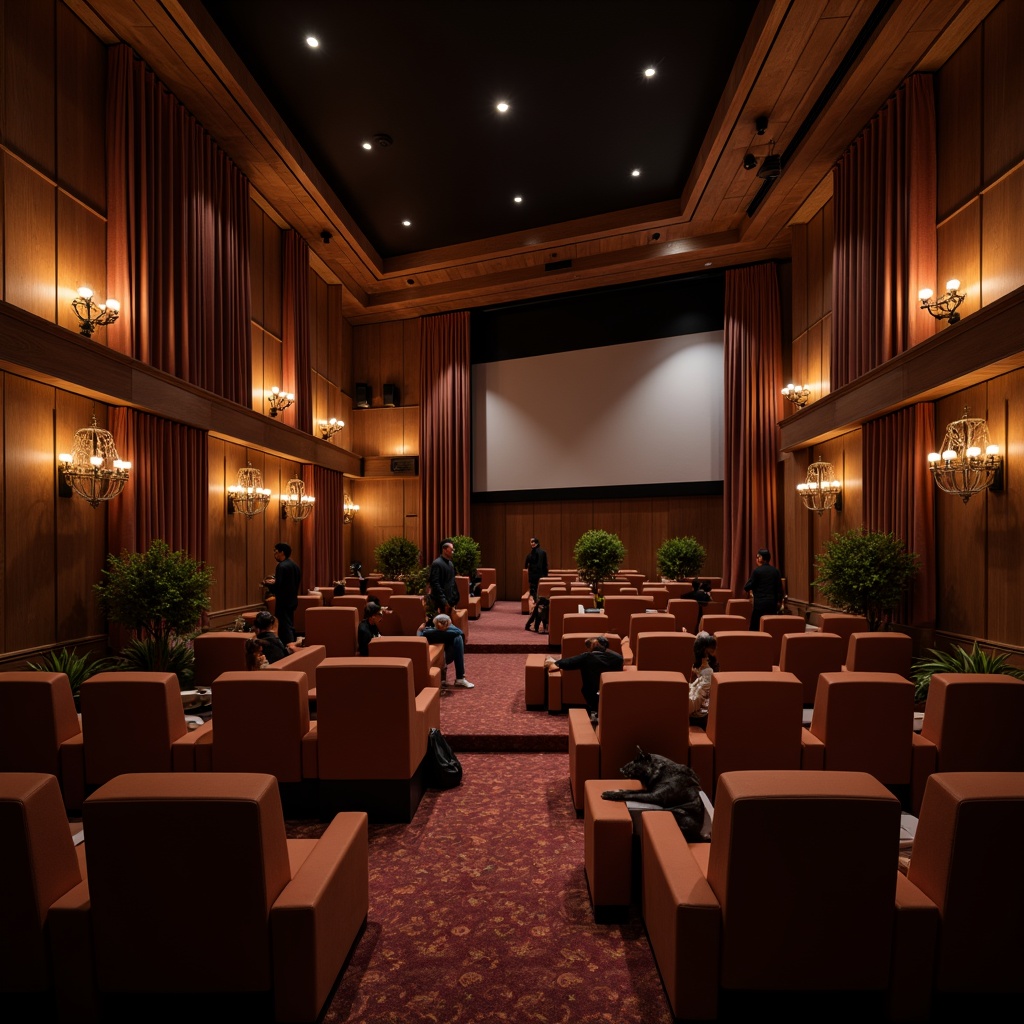 Prompt: Luxurious theater interior, wooden acoustic panels, sound-absorbing materials, fabric-wrapped surfaces, subtle LED lighting, comfortable seating, ornate chandeliers, velvet curtains, rich wood tones, minimalistic design, optimal sound quality, precise speaker placement, 3D audio technology, immersive cinematic experience, soft warm ambiance, shallow depth of field, panoramic view, realistic textures, ambient occlusion.