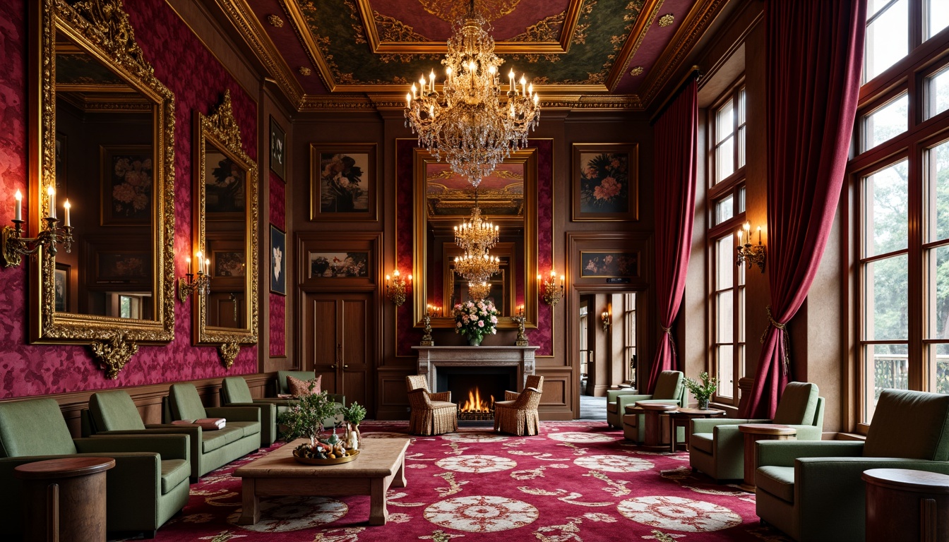 Prompt: Luxurious velvet fabrics, ornate gold frames, elegant crystal chandeliers, refined marble surfaces, sophisticated metallic accents, lavish floral patterns, opulent jewel tones, sumptuous silk textures, intricate lace details, whimsical decorative trims, dramatic drapery, grandiose architectural elements, majestic high ceilings, warm ambient lighting, 1/2 composition, shallow depth of field, soft focus effect.