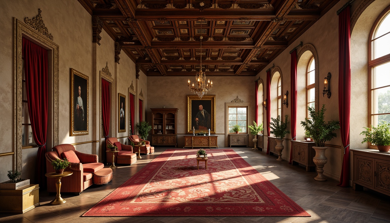 Prompt: Elegant Renaissance-style interior, rich wood tones, ornate gold accents, lavish velvet fabrics, intricate stone carvings, majestic arched windows, soft warm lighting, subtle shadows, 1/1 composition, symmetrical balance, realistic textures, ambient occlusion, warm beige walls, deep crimson reds, luxurious emerald greens, opulent navy blues.