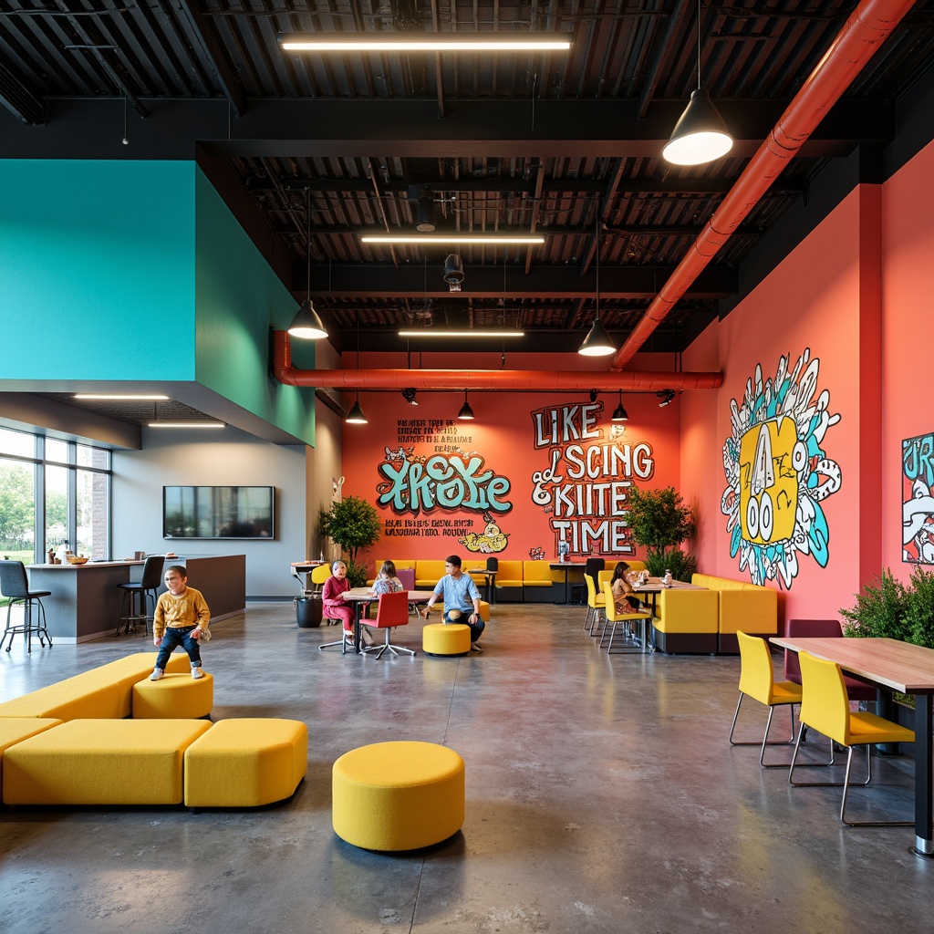 Prompt: Vibrant youth center, energetic atmosphere, playful color palette, bright coral walls, turquoise accents, sunny yellow furniture, bold graffiti murals, urban industrial design, exposed brick walls, polished concrete floors, modern LED lighting, dynamic angular lines, flexible open spaces, collaborative workstations, comfortable lounge areas, inspirational quotes, motivational posters, youthful energy, lively vibe, warm afternoon light, shallow depth of field, 2/3 composition, realistic textures, ambient occlusion.