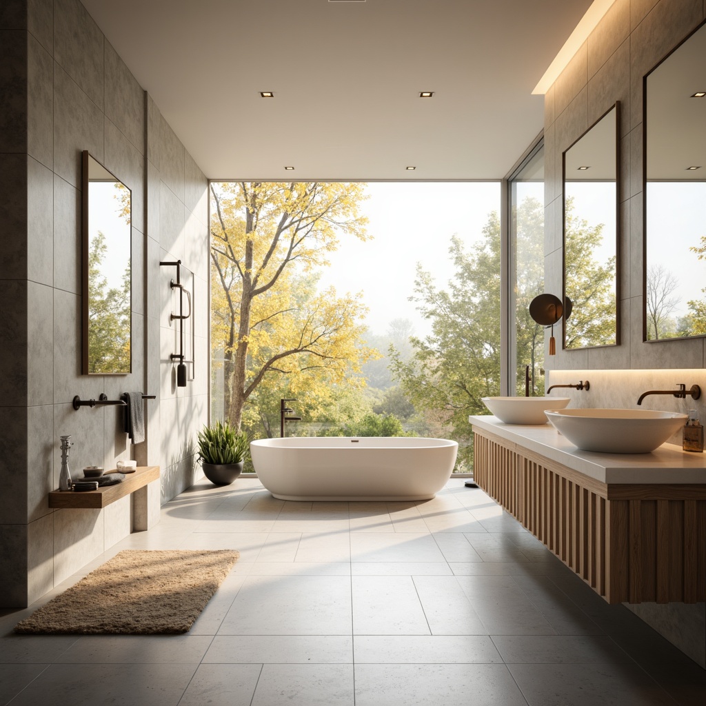 Prompt: Vibrant bathroom, large windows, soft natural light, warm sunshine, white porcelain sink, modern faucet design, glass shower doors, marble countertops, chrome fixtures, elegant mirrors, LED lighting, subtle texture, ambient occlusion, shallow depth of field, 3/4 composition, panoramic view.