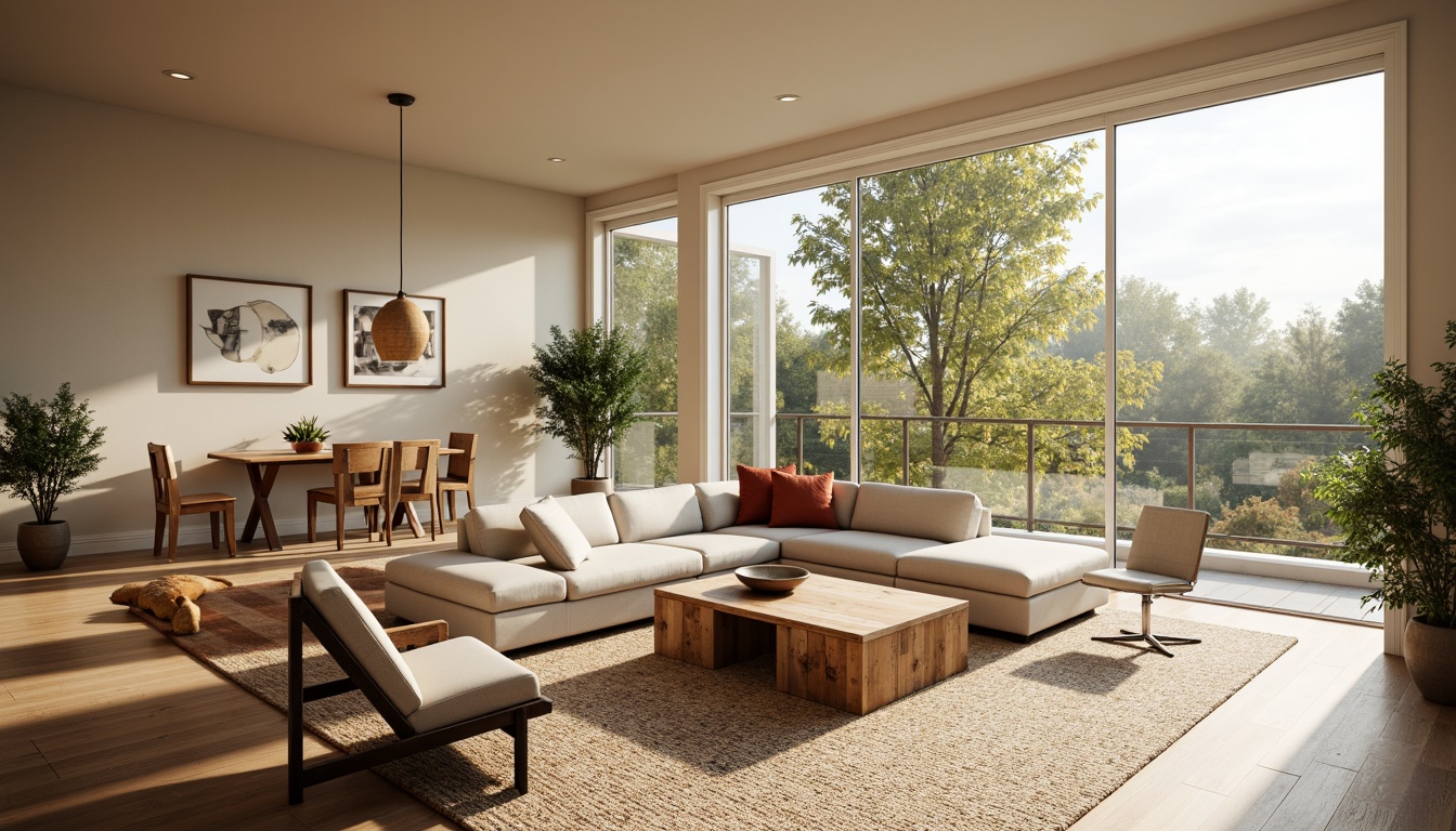 Prompt: Cozy living room, modern minimalist aesthetic, sleek low-profile sofas, reclaimed wood coffee tables, industrial metal chairs, plush throw pillows, natural fiber rugs, floor-to-ceiling windows, abundant natural light, warm beige walls, creamy white trim, soft warm lighting, shallow depth of field, 3/4 composition, panoramic view, realistic textures, ambient occlusion.