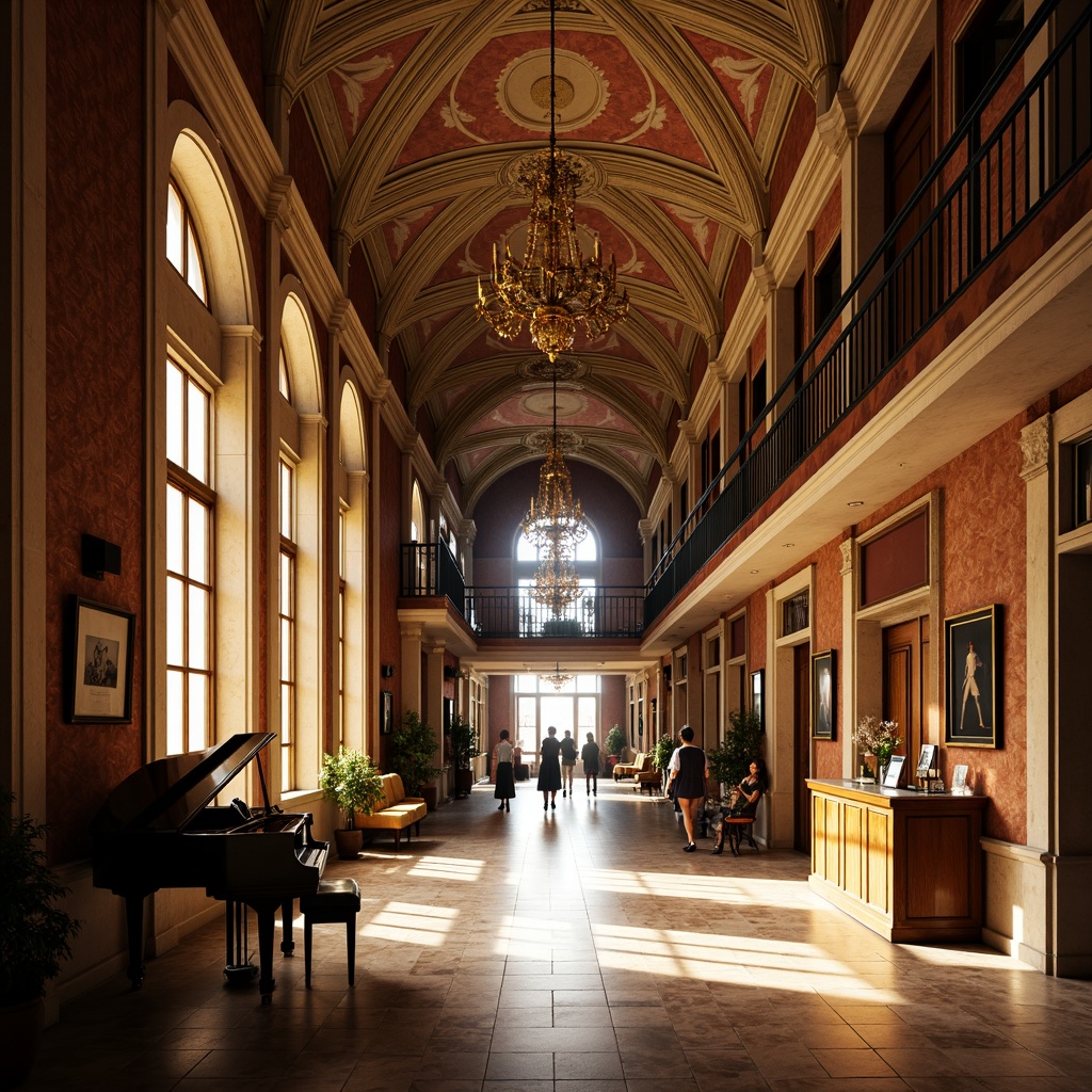 Prompt: Grand university hallway, high ceilings, ornate archways, classical columns, intricate carvings, luxurious chandeliers, marble floors, wooden paneling, rich tapestries, lavish furnishings, grand pianos, sophisticated color palette, warm golden lighting, shallow depth of field, 1/1 composition, symmetrical framing, realistic textures, ambient occlusion.