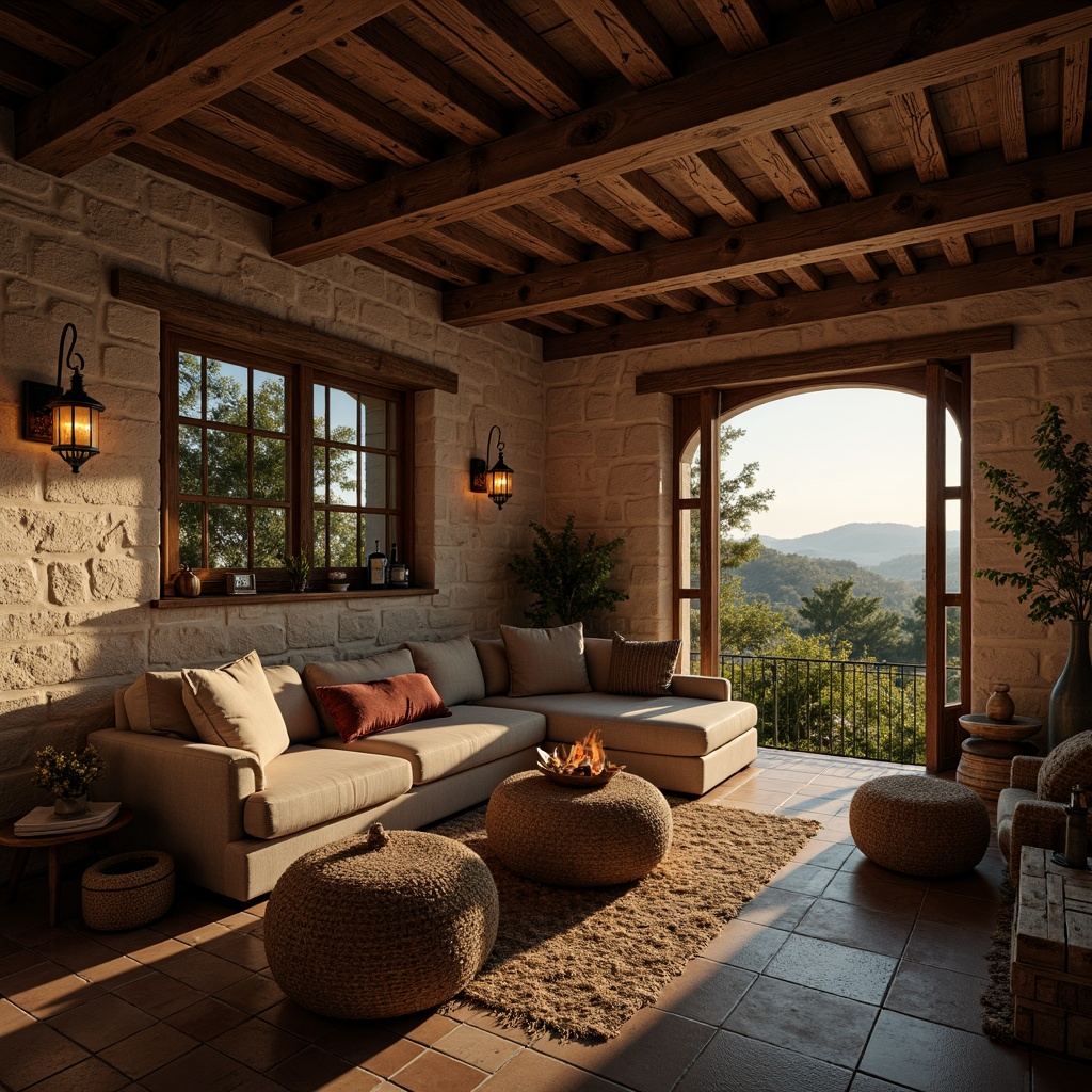 Prompt: Rustic vernacular home, natural stone walls, wooden beams, earthy tones, warm cozy lighting, soft warm glow, lantern-style lamps, candles, fire pit, ambient illumination, golden hour lighting, dramatic shadows, 3/4 composition, shallow depth of field, realistic textures, ambient occlusion, rural landscape, rolling hills, lush greenery, vintage decorative elements, distressed wood accents, earthy color palette.