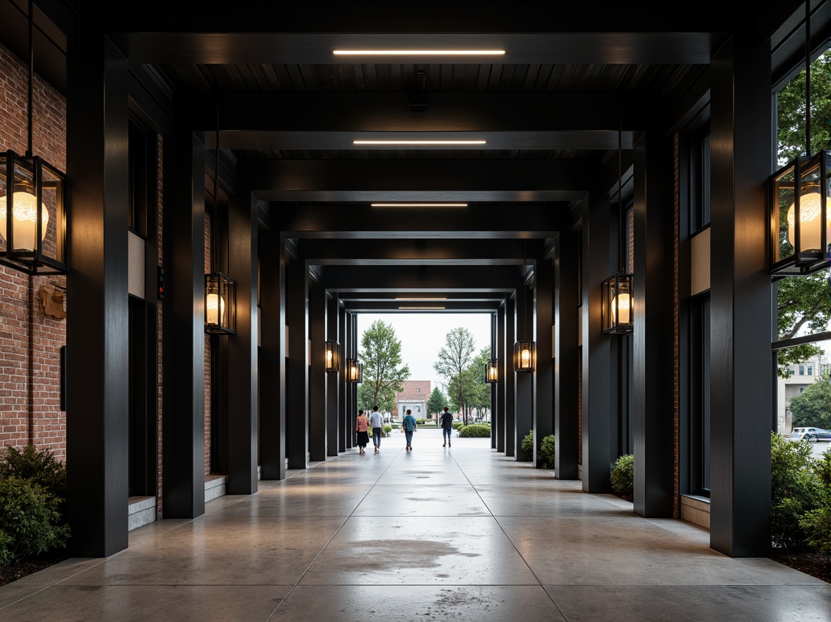 Prompt: Geometric entrance hall, bold black lines, rectangular shapes, industrial metal fixtures, minimalist chandeliers, functional lighting, exposed brick walls, raw concrete floors, sparse greenery, dramatic shadows, high contrast ratio, cinematic mood, 1/1 composition, symmetrical framing, soft box lighting, realistic textures, ambient occlusion.