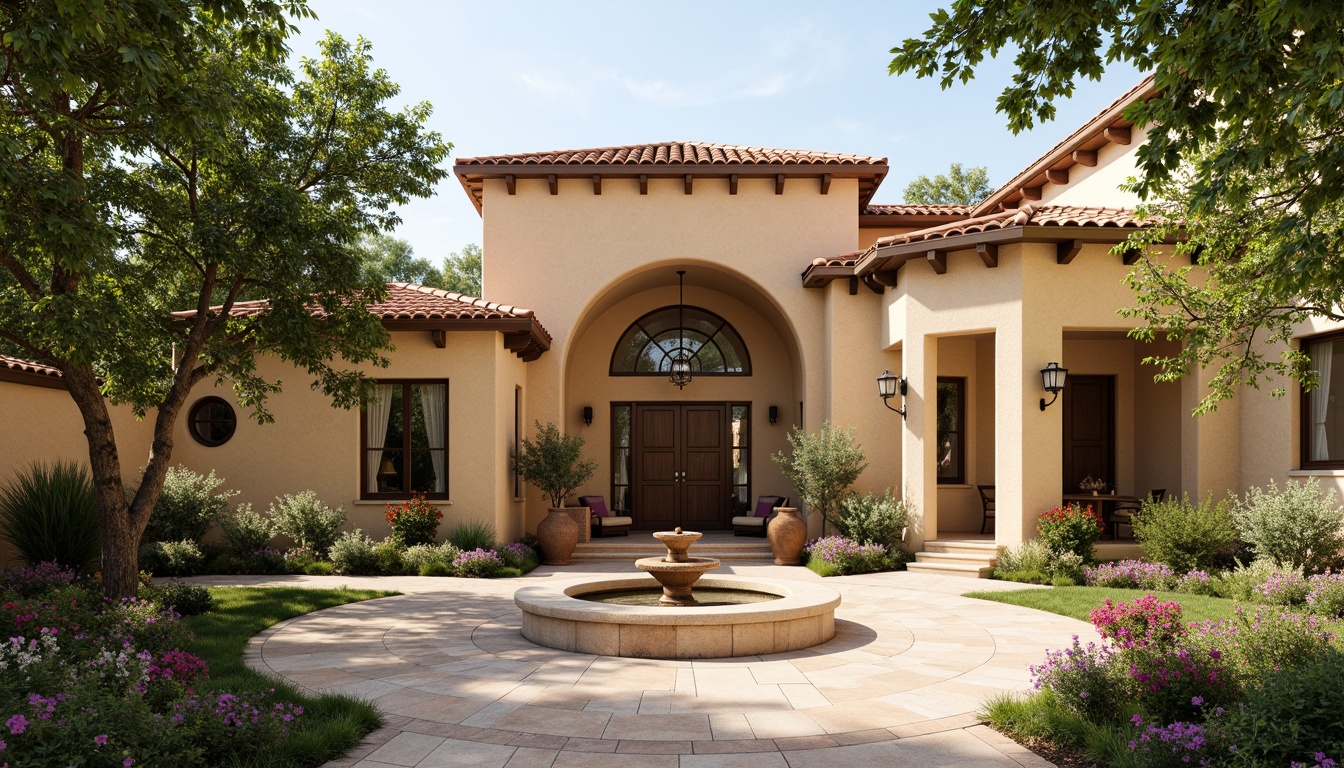 Prompt: Mediterranean-style villa, warm beige stucco walls, curved arches, terracotta roof tiles, lush greenery, blooming flowers, olive trees, rustic wooden doors, ornate ironwork, scenic outdoor spaces, inviting courtyard, tranquil fountain, natural stone paving, warm sunlight, soft shadows, 1/1 composition, realistic textures, ambient occlusion, serene ambiance.