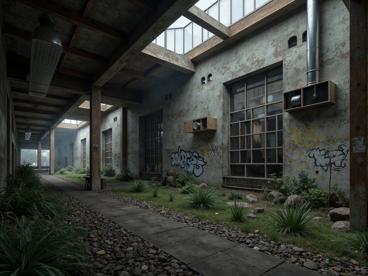 Prompt: Rugged concrete walls, exposed ductwork, industrial pipes, metal beams, raw wood accents, brutalist architecture, urban decay, graffiti-covered surfaces, distressed textures, worn-out machinery, abandoned factories, overgrown vegetation, harsh lighting, high-contrast shadows, dramatic angles, cinematic composition, gritty realistic render, atmospheric fog, mysterious ambiance.