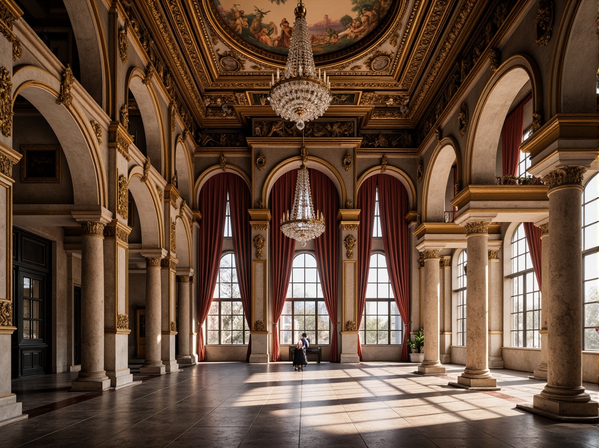 Prompt: Ornate Renaissance-style building, grandiose archways, ornamental columns, carved stone facades, rusticated quoins, symmetrical composition, classical pilasters, intricate moldings, gilded accents, rich velvet drapes, crystal chandeliers, polished marble floors, frescoed ceilings, soft warm lighting, shallow depth of field, 3/4 composition, panoramic view, realistic textures, ambient occlusion.