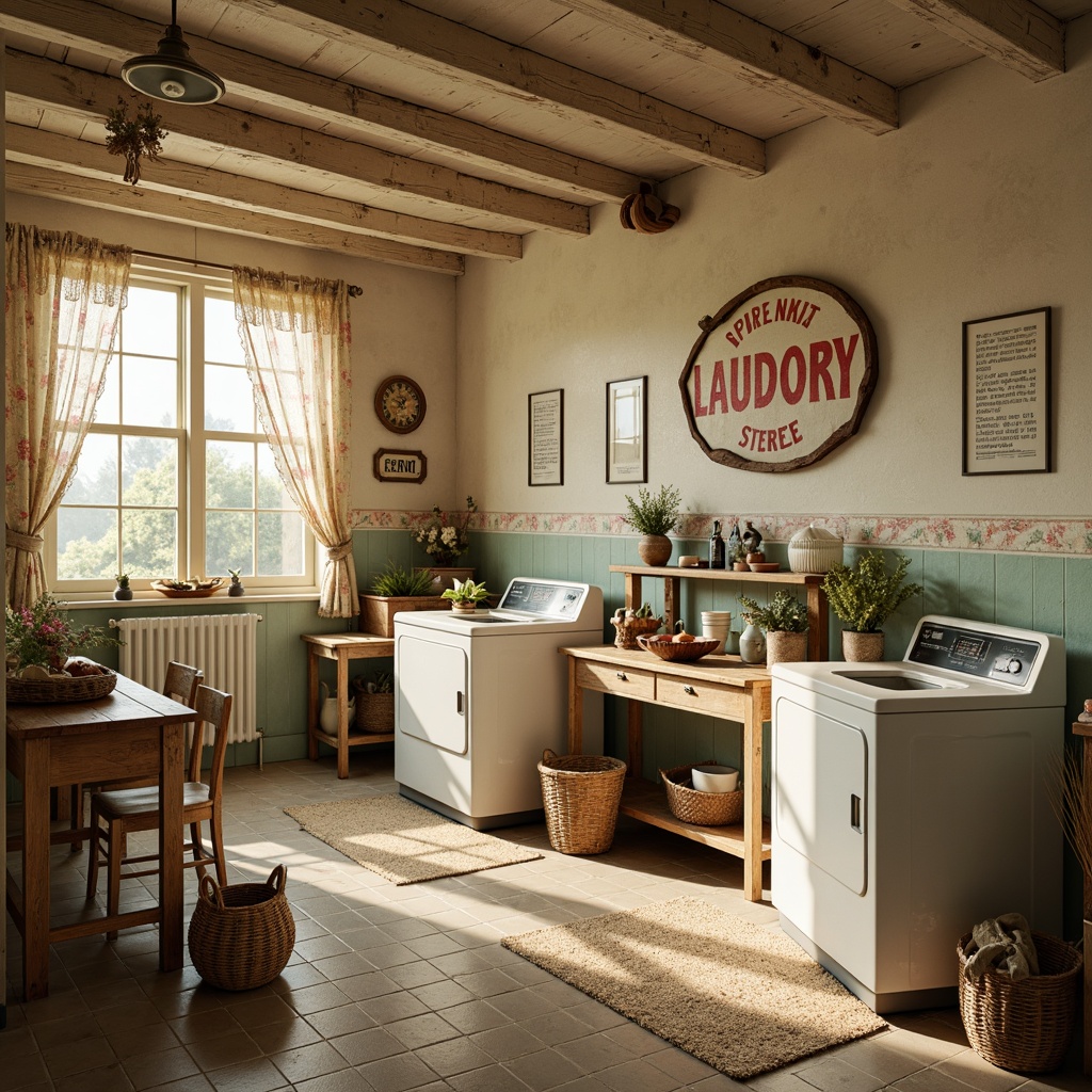 Prompt: Vintage laundry room, soft pastel hues, creamy whites, warm beiges, distressed wood accents, rusty metal tones, ceramic tiles, floral patterns, lace curtains, natural textiles, woven baskets, vintage washing machines, retro-style signage, warm golden lighting, shallow depth of field, 1/1 composition, realistic textures.