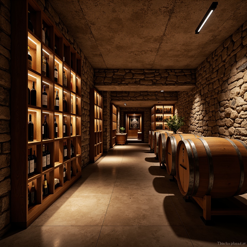 Prompt: Wine cellar interior, rustic stone walls, wooden wine racks, dim warm lighting, precise temperature control, humidity regulation, climate-controlled environment, oak barrels, glass enclosures, premium wine collections, sommelier's paradise, intimate tasting areas, rich wood accents, soft ambient glow, shallow depth of field, 1/2 composition, realistic textures, subtle shading.