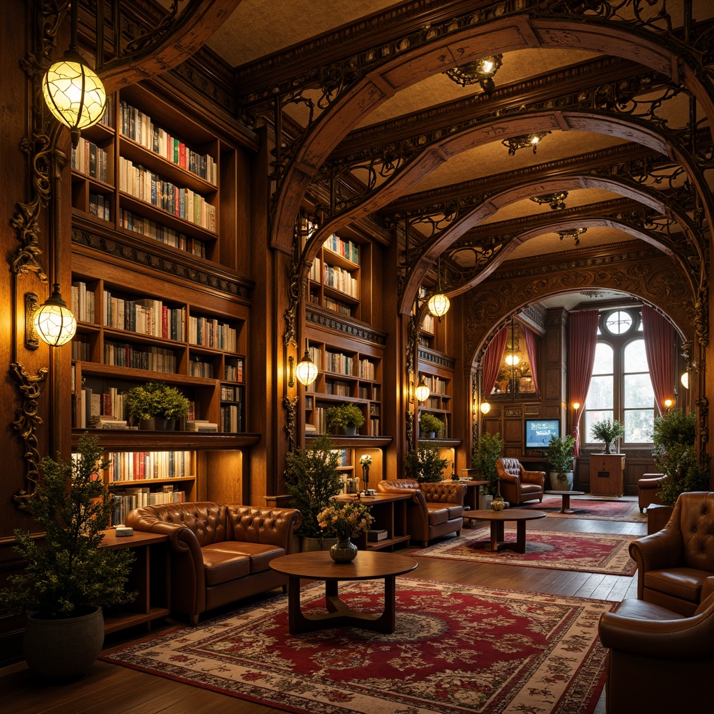 Prompt: Elegant Art Nouveau bookstore, ornate metal fixtures, flowing organic shapes, warm golden lighting, stained glass lamps, intricate floral patterns, curved wooden shelves, vintage leather-bound books, cozy reading nooks, plush armchairs, rich velvet drapes, soft warm glow, shallow depth of field, 1/2 composition, realistic textures, ambient occlusion.