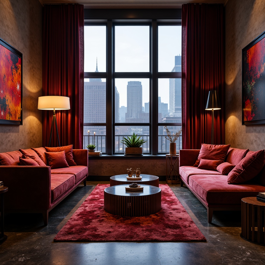 Prompt: Luxurious velvet fabrics, rich jewel-toned colors, soft warm lighting, cozy intimate atmosphere, plush throw pillows, metallic accents, modern minimalist decor, sleek low-profile furniture, polished marble floors, sophisticated urban loft, dramatic floor-to-ceiling windows, stunning cityscape views, 1/2 composition, realistic textures, ambient occlusion.