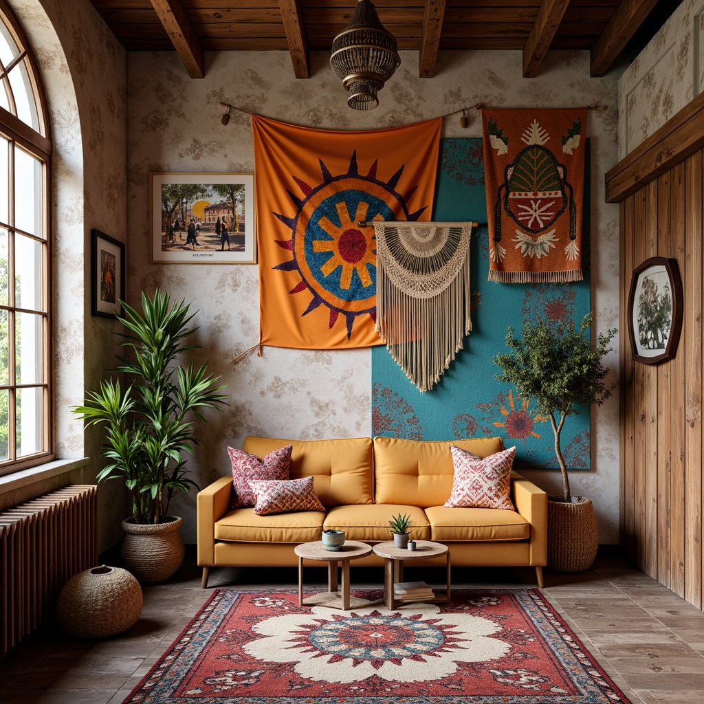 Prompt: Vibrant bohemian walls, eclectic mix of textures, distressed wood panels, vintage wallpaper, bold graphic prints, abstract artwork, colorful tapestries, woven baskets, macrame details, natural fiber rugs, Moroccan-inspired tiles, rustic wooden shelves, industrial metal accents, soft warm lighting, shallow depth of field, 1/1 composition, realistic textures, ambient occlusion.