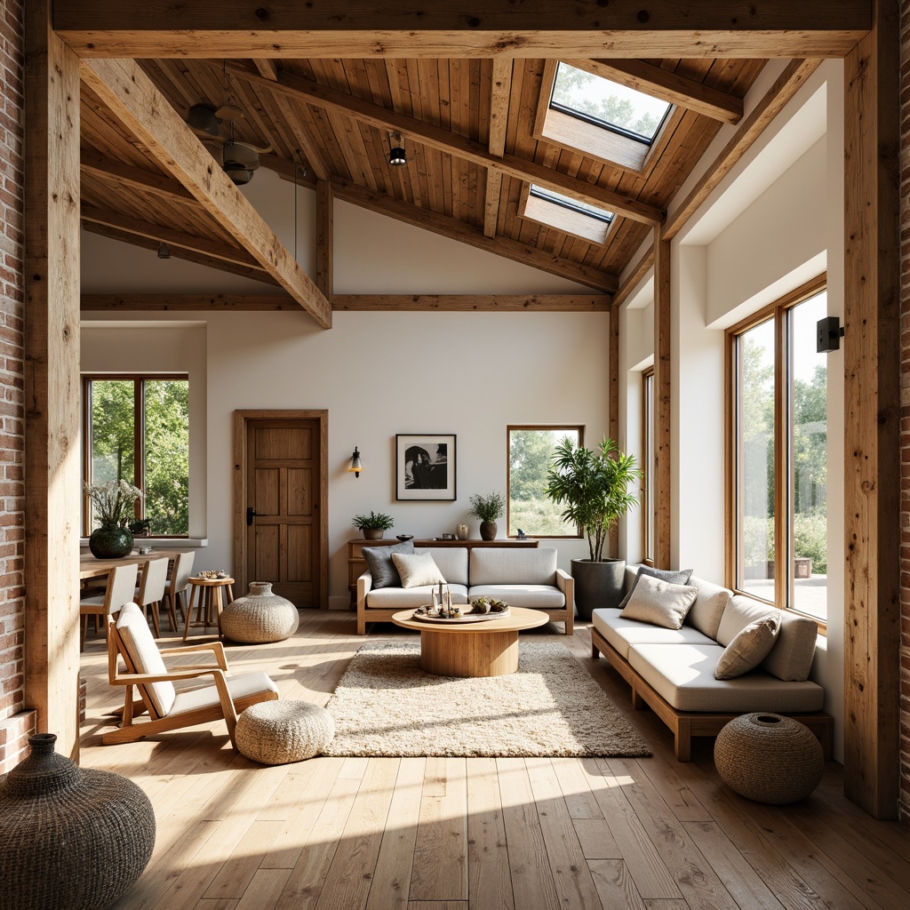 Prompt: Rustic farmhouse interior, wooden beams, exposed brick walls, large windows, sliding glass doors, skylights, clerestory windows, light-filled open spaces, minimal obstructions, reflective surfaces, creamy white paint, warm earthy tones, natural textiles, woven baskets, vintage farm tools, reclaimed wood accents, cozy reading nooks, plush area rugs, soft warm lighting, shallow depth of field, 3/4 composition, realistic textures, ambient occlusion.