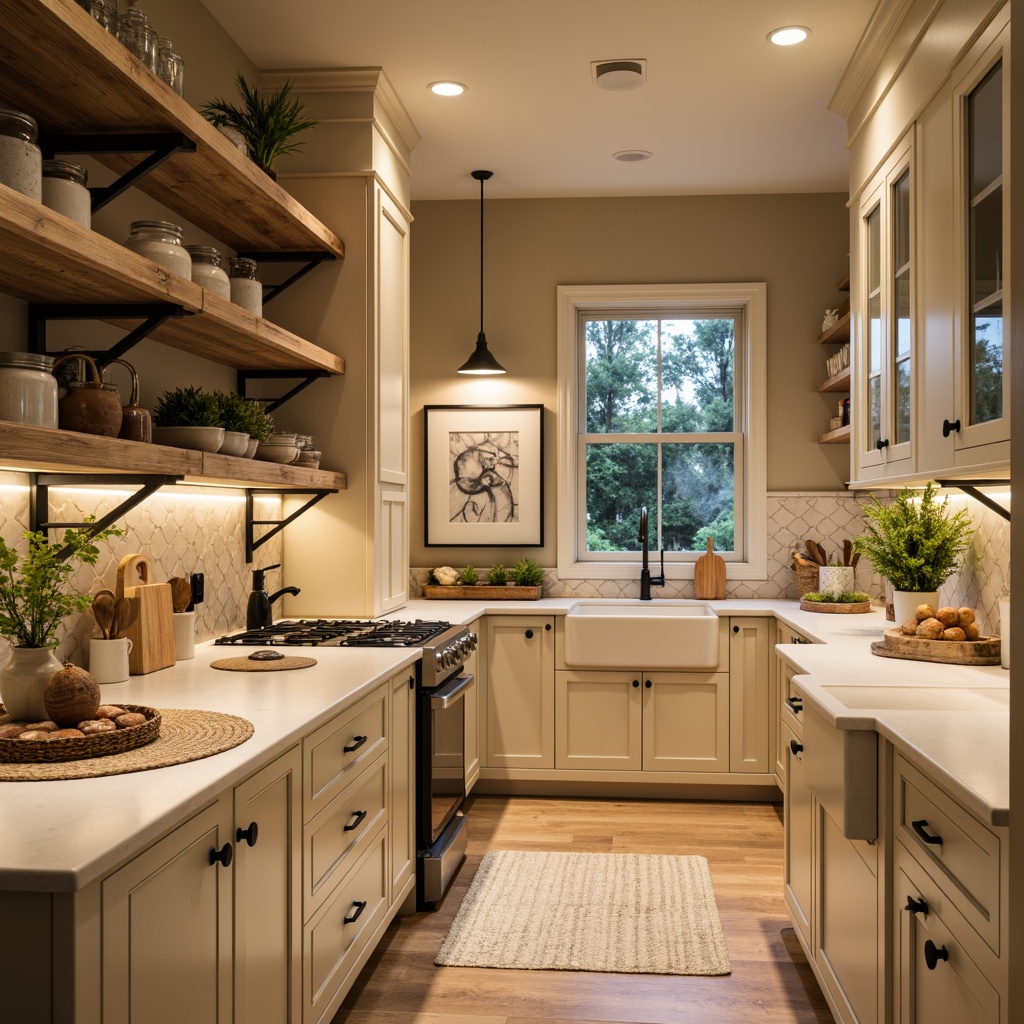 Prompt: Cozy pantry, warm beige walls, soft cream cabinets, rustic wooden shelves, decorative metal brackets, mason jars, vintage kitchenware, warm white lighting, recessed ceiling lights, pendant lamps, under-cabinet LED strips, glass door cabinets, natural stone countertops, farmhouse sink, modern faucet fixtures, polished chrome hardware, bright morning light, shallow depth of field, 1/1 composition, realistic textures, ambient occlusion.