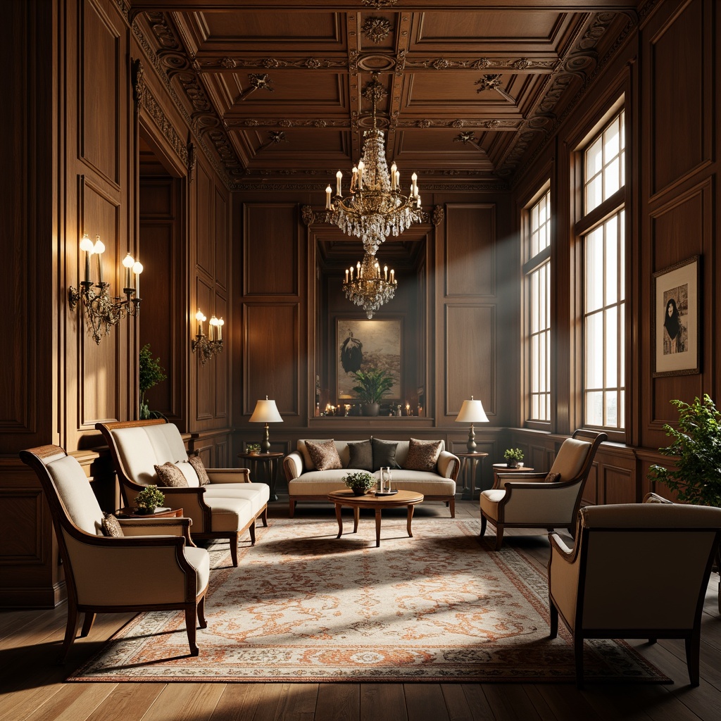 Prompt: Elegant classic interior, ornate moldings, intricate carvings, luxurious fabrics, rich wood tones, refined furniture pieces, sophisticated chandeliers, lavish drapery, subtle color palette, soft warm lighting, shallow depth of field, 3/4 composition, realistic textures, ambient occlusion.