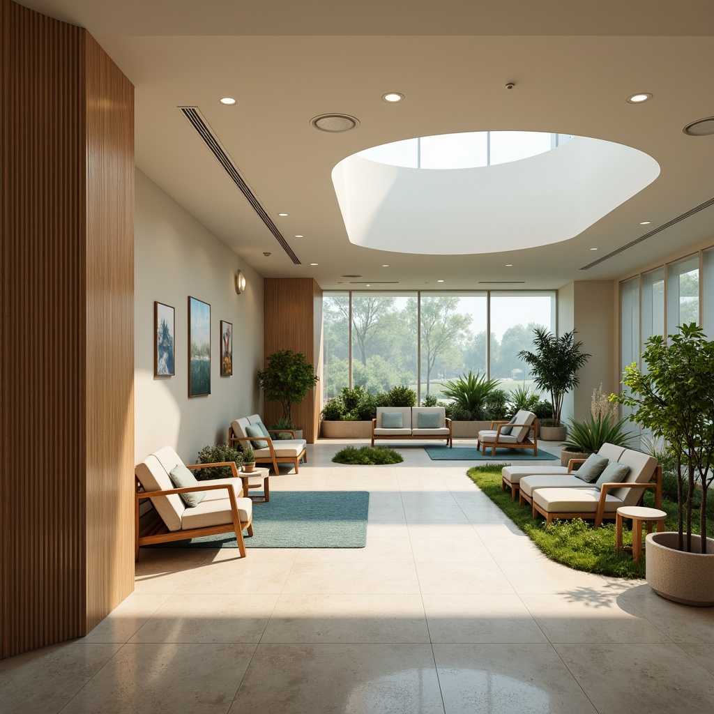 Prompt: Calming healthcare facility, soft pastel colors, gentle curves, natural materials, wooden accents, earthy tones, soothing ambiance, warm beige walls, calming blue hues, serene greenery, peaceful water features, minimalist decor, warm lighting, cozy waiting areas, comfortable seating, nature-inspired artwork, organic textures, subtle patterns, 3/4 composition, shallow depth of field, realistic rendering.