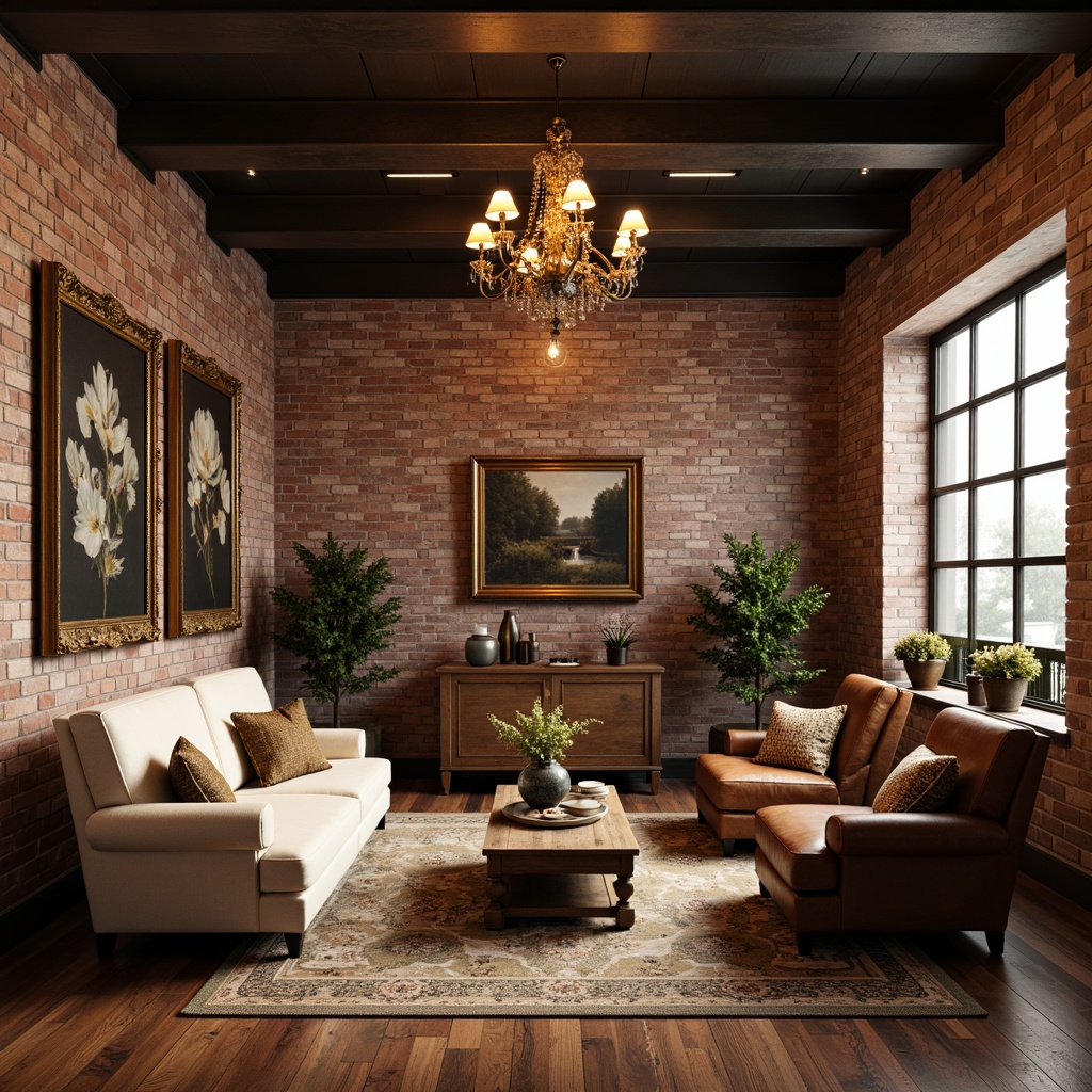 Prompt: Earthy tone loft, exposed brick walls, reclaimed wood floors, industrial metal beams, elegant chandeliers, cream-colored sofas, rich brown leather armchairs, vintage area rugs, ornate gold frames, soft warm lighting, atmospheric shadows, 1/1 composition, shallow depth of field, realistic textures, ambient occlusion.