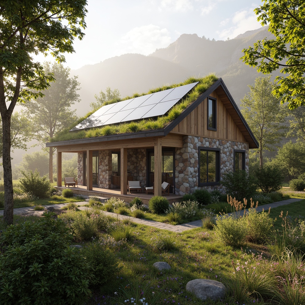 Prompt: Earthy cabin, reclaimed wood accents, bamboo flooring, natural stone walls, living green roofs, solar panels, rainwater harvesting systems, organic gardens, wildflower meadows, misty morning light, soft warm ambiance, shallow depth of field, 1/1 composition, realistic textures, ambient occlusion.