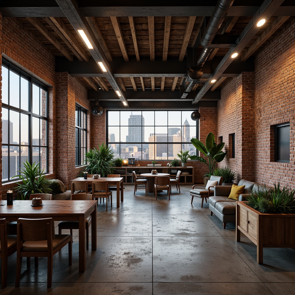 Prompt: Exposed brick walls, metal beams, industrial chic aesthetic, converted warehouses, urban landscapes, city skylines, reclaimed wood accents, distressed finishes, Edison bulb lighting, concrete floors, steel-framed windows, mechanical equipment visible, functional pipes, modern minimalist decor, brutalist architecture, functional simplicity, neutral color palette, high ceilings, open floor plans, eclectic art pieces, vintage machinery displays, urban grittiness, dramatic shadows, low-key warm lighting, 2/3 composition, gritty textures, realistic wear and tear.