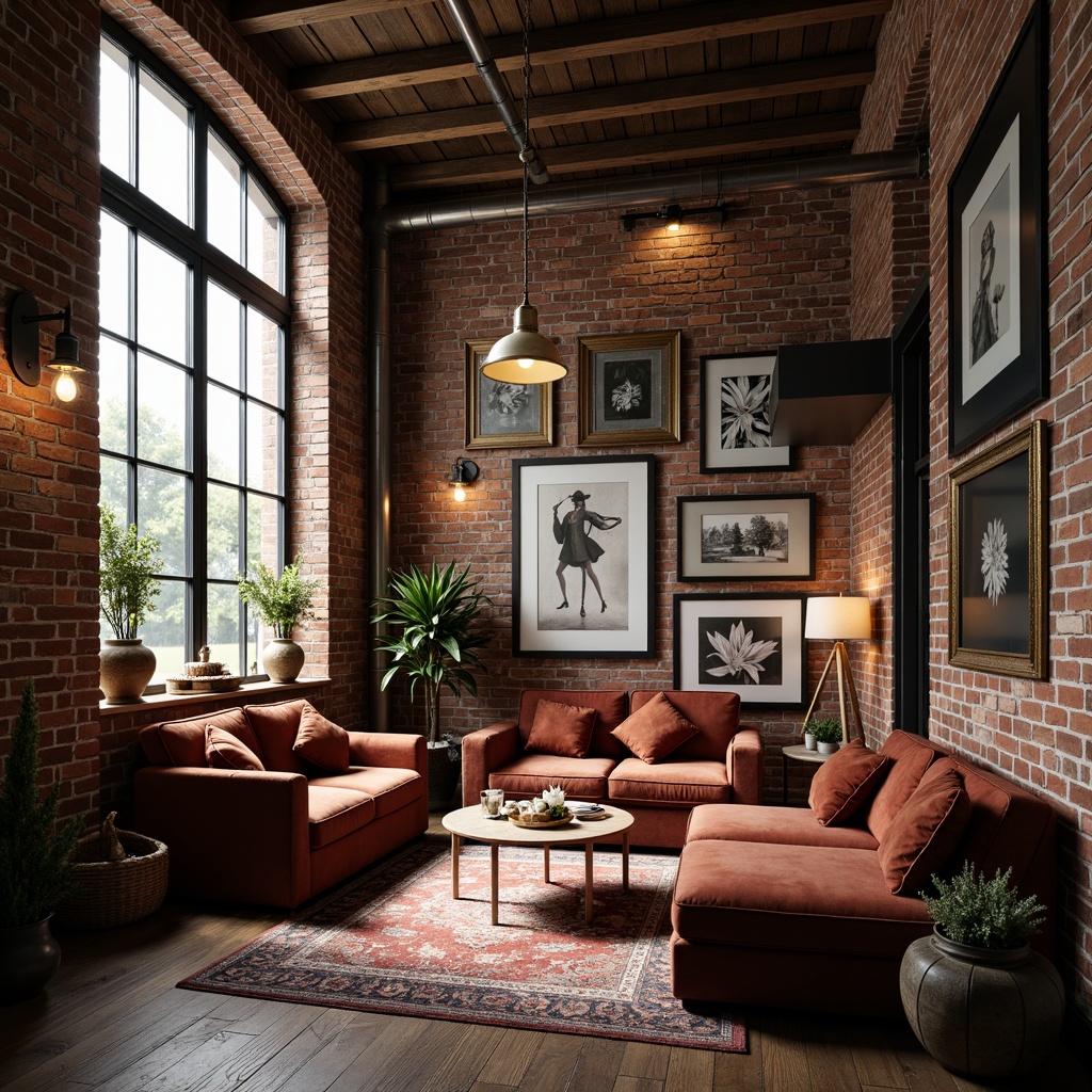 Prompt: Exposed brick walls, reclaimed wooden floors, distressed metal beams, industrial-style lighting fixtures, vintage furniture pieces, luxurious velvet fabrics, rich leather upholstery, ornate decorative moldings, high ceilings, large windows, natural light pouring in, warm cozy atmosphere, soft warm lighting, shallow depth of field, 3/4 composition, realistic textures, ambient occlusion.