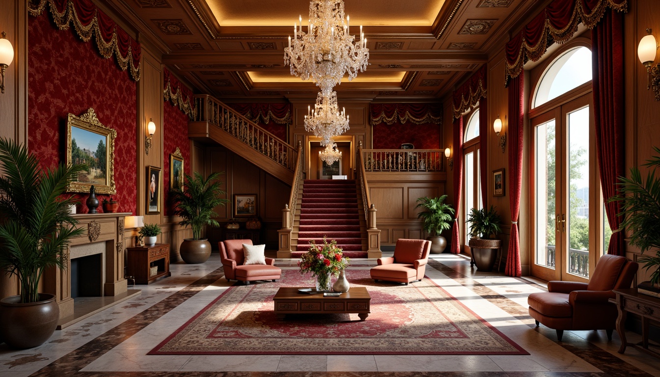 Prompt: Luxurious velvet fabrics, metallic gold accents, ornate carvings, crystal chandeliers, rich wood tones, opulent marble surfaces, grand staircase, lavish furnishings, intricate patterns, soft warm lighting, shallow depth of field, 1/1 composition, realistic textures, ambient occlusion.