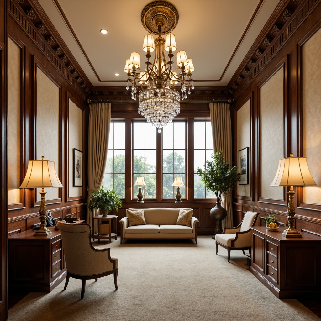 Prompt: Elegant office space, classicism style, ornate chandeliers, crystal droplets, bronze fixtures, rich wood tones, warm beige walls, plush carpeting, antique furniture pieces, decorative moldings, high ceilings, large windows, natural light, softbox lighting, warm white LED lights, table lamps with linen shades, floor lamps with sculpted bases, refined metallic accents, subtle ornamentation, symmetrical composition, harmonious proportions, sophisticated ambiance.