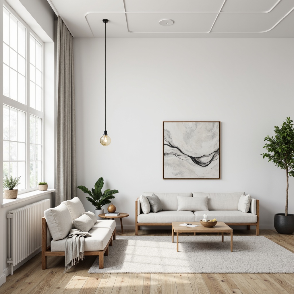 Prompt: Monochromatic color scheme, clean lines, minimal ornamentation, empty space, natural materials, wooden floors, white walls, simple furniture, low-profile sofas, geometric shapes, industrial lighting fixtures, pendant lamps, abstract artwork, greenery accents, subtle textures, soft diffused light, shallow depth of field, 1/1 composition, realistic renderings, ambient occlusion.