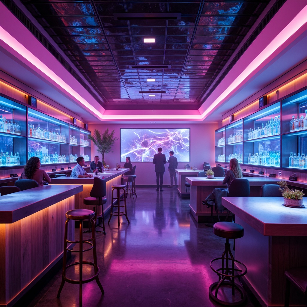 Prompt: Neon-lit futuristic bar, sleek metal countertops, glossy acrylic surfaces, LED strip lighting, holographic displays, ambient misting systems, chromatic glass shelves, iridescent bottles, cyberpunk-inspired decor, minimalist seating areas, high-gloss floors, atmospheric fog effects, cinematic color grading, 1/1 composition, shallow depth of field, realistic reflections, vibrant color palette, dynamic shadows.