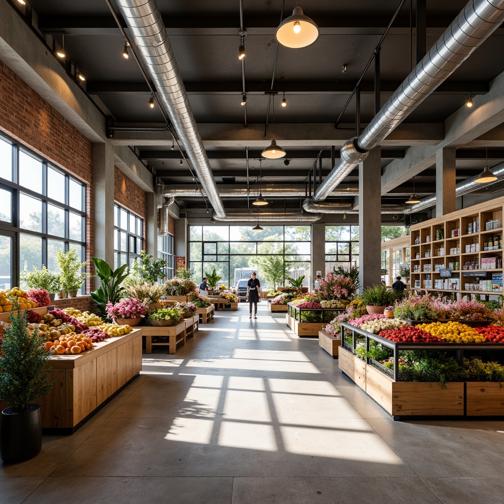 Prompt: Modern grocery store interior, open layout concept, minimal aisle divisions, natural light pouring in, polished concrete floors, exposed ductwork, industrial-chic ambiance, abundant shelving units, colorful product displays, fresh produce stands, floral arrangements, rustic wood accents, metal beams, high ceilings, airy atmosphere, soft warm lighting, shallow depth of field, 3/4 composition, realistic textures, ambient occlusion.