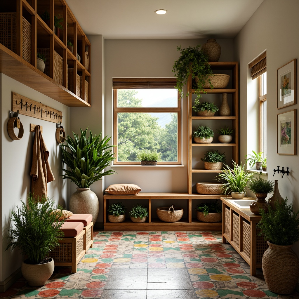 Prompt: Tropical mudroom, natural wood accents, woven rattan furniture, vibrant greenery, exotic flowers, wicker storage baskets, colorful ceramic tiles, bamboo shelving units, modern minimalist decor, sleek metal hooks, functional storage cabinets, hanging planters, warm LED lighting, shallow depth of field, 1/1 composition, realistic textures, ambient occlusion.