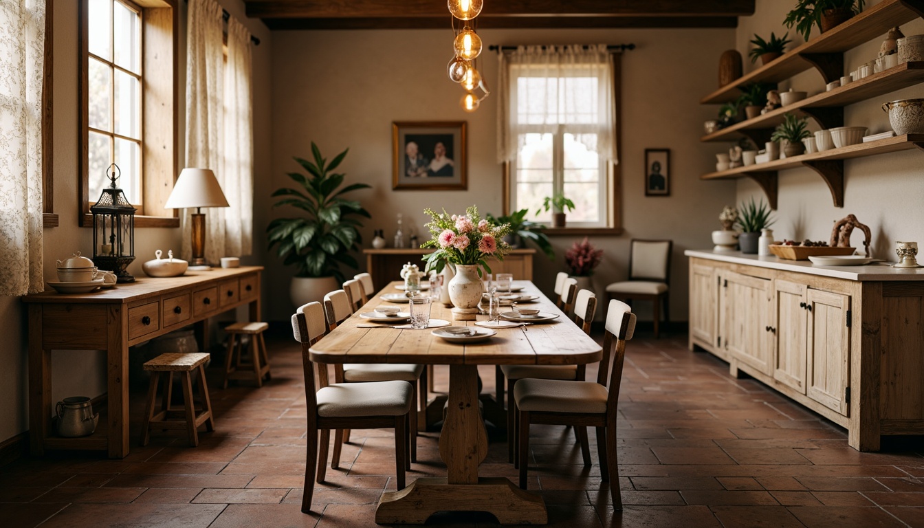 Prompt: Vintage distressed wooden table, mismatched chairs, soft cushions, lace curtains, warm beige walls, rustic brick flooring, natural stone countertops, ornate metal lanterns, antique decorative items, floral patterned fabrics, pastel-colored ceramics, delicate china sets, subtle morning lighting, warm cozy atmosphere, shallow depth of field, 1/1 composition, romantic warm color palette.