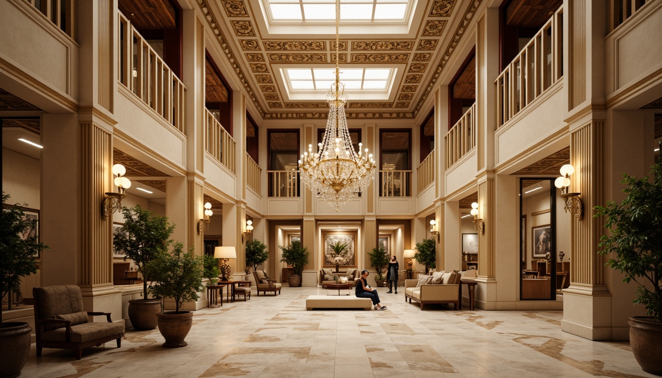 Prompt: Grandiose bank interior, classicism style, high ceilings, ornate moldings, marble floors, intricate wood paneling, polished brass fixtures, luxurious fabrics, rich textures, solemn atmosphere, warm beige tones, subtle golden accents, refined architectural details, stately columns, ornamental railings, majestic chandeliers, soft diffused lighting, shallow depth of field, 1/2 composition, realistic reflections.